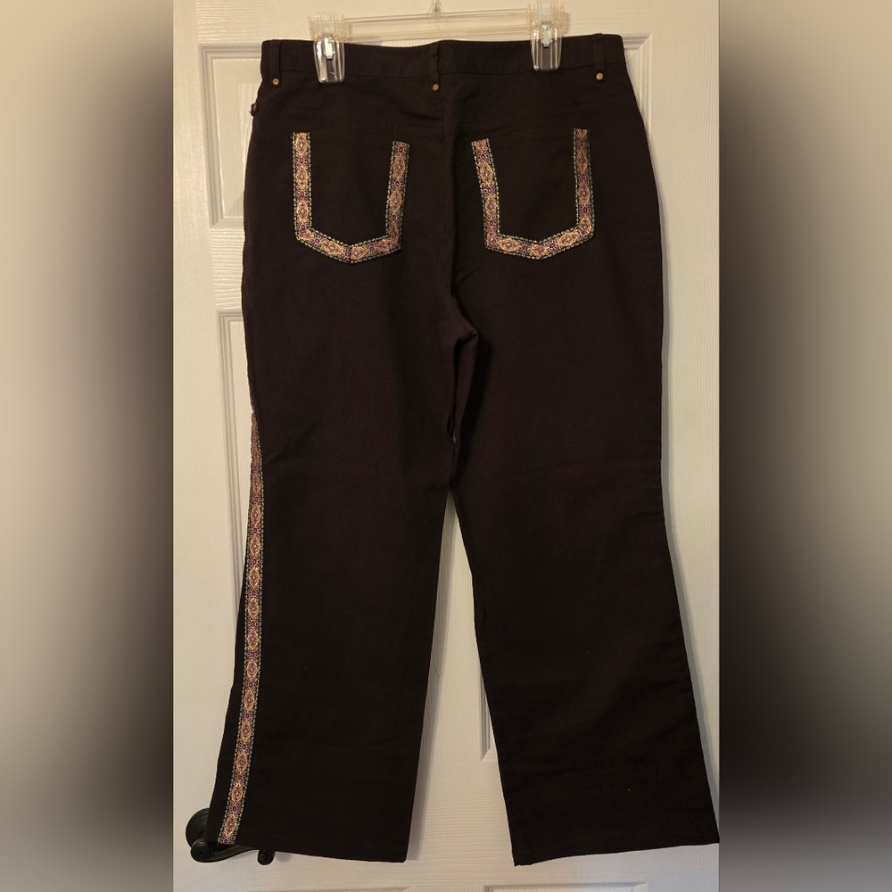 Liz Claiborne RARE Vintage Brocade Trim Brown Wide Leg Relaxed Fit Jeans Sz 14